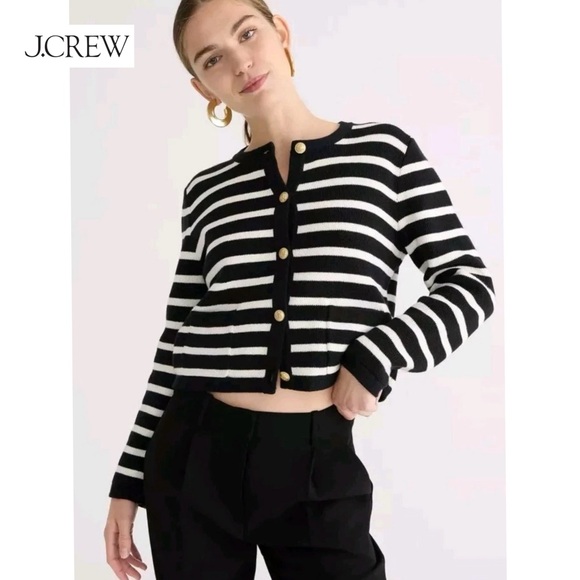 J Crew Emilie Sweater Lady Jacket in Black Ivory Stripe Knit Cardigan M BQ196 - Picture 1 of 14
